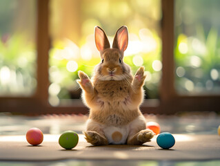 Un lapin en pose yoga avec des oeufs de pâques - obrazy, fototapety, plakaty