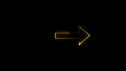 Directional neon arrow line yellow color illustration. Arrow icon black background 4k illustration.