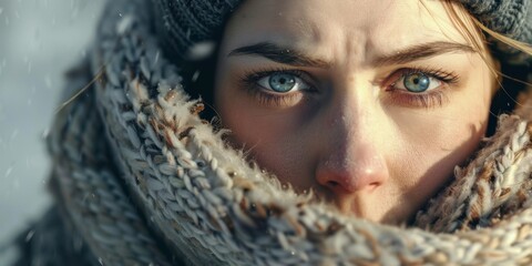 girl wrapped in a scarf in a hood, she is cold close-up Generative AI
