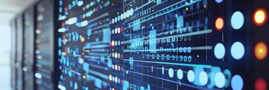 Digital information flow with glowing pixelated binary code and encryption concept on screen