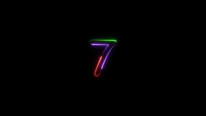 Abstract neon light seven number purple, green, red color illustration. Black background 4k illustration.