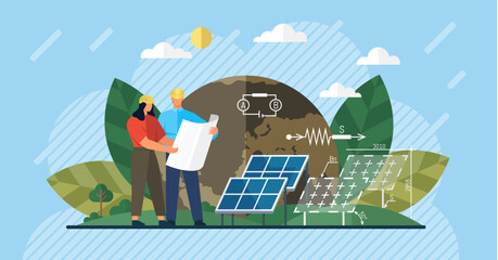Solar energy vector illustration. Solar energy concepts emphasize sustainable and eco friendly aspects power generation Photovoltaic technology is at forefront efficient energy generation - obrazy, fototapety, plakaty