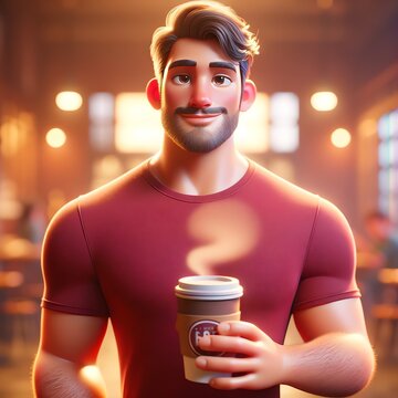 3D Man Holding a Cup of Coffee
