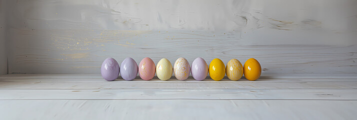 Série d'œufs de Pâques peints alignés sur une table en bois blanc devant un fond texturé - obrazy, fototapety, plakaty