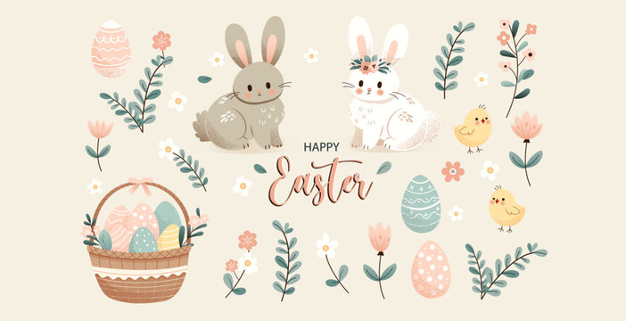 Happy Easter cute cartoon vector set. Rabbit, egg, flower, chicken, basket with eggs and other spring elements. Vector  illustration