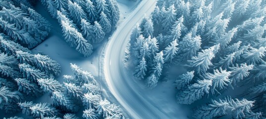 Aerial top view of beautiful curved road winding through snow covered winter forest landscape