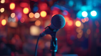 Microphone on Stage With Lights - obrazy, fototapety, plakaty