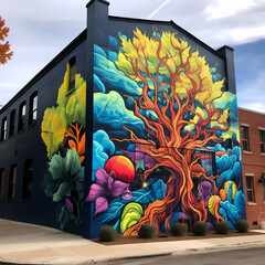 A vibrant street art mural on a brick wall. 