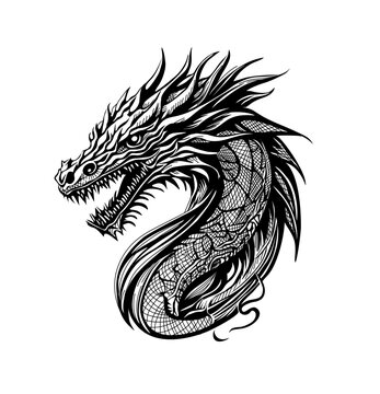 Japanese dragon black and white drawing, ink sketch, tattoo design. Ancient Asian traditional animal. Chinese 2024 New Year zodiac sign, Horoscope symbol. Vector engraved style illustration isolated.