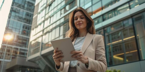 business woman with a tablet against the background of a skyscraper Generative AI