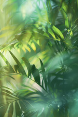 Obraz premium Tropical leaves and flowers background, with motion and soft dreamy focus.