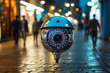 Surveillance camera of a crowd of people walking along busy city streets. Face recognition big data comprehensive analysis interface, scanning and displaying information