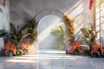 A peaceful garden pathway with colorful flowers and a sunlit archway. Marble arc. Mockup with copy space.