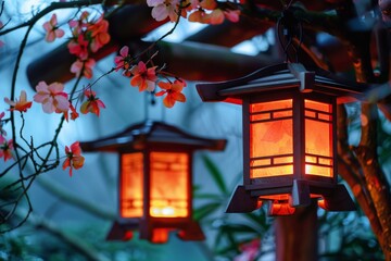 Serene japanese lantern glowing softly in evening light, generative AI