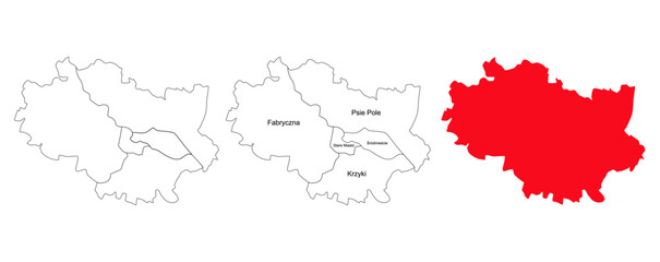 Map of Wroclaw and its districts. Vector silhouette of the city of Wroclaw