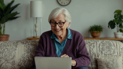 Seniorin mit Brille hat Freude am Surfen und Shoppen am Laptop auf dem Sofa - obrazy, fototapety, plakaty