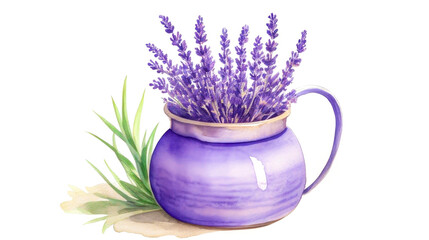 Bouquet of lavender flowers in a pot isolated on white background. Fresh lavender flowers. Watercolor drawing. indoor plant