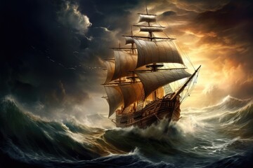 Ship Sail. Historical Pirate Ship Sailing on a Stormy Sea. Archetypal Journey through the Maritime
