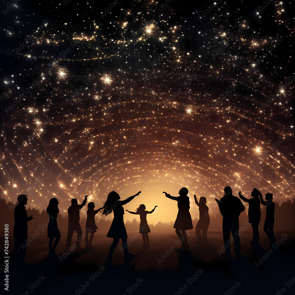 Wall mural Silhouettes of people dancing under a starry sky.