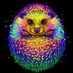 Abstract, multicolored image of a hedgehog in watercolor style on a black background.