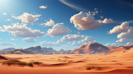 A panoramic view of a desert with sand dunes