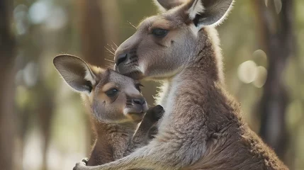 Gordijnen Mother and Baby Kangaroo Hug. Kangaroo Baby Wildlife © Ziyan