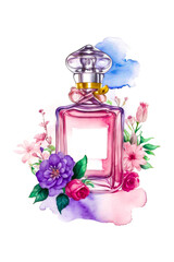 Floral perfume bottle with flowers isolated on white background. Watercolour bottle of perfume. Tender stylish perfume composition