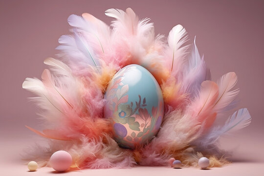 A charming Easter egg nestled amidst soft pastel-colored feathers, creating a scene of whimsy and delight.