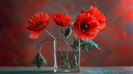 Bouquet of red poppies on a pink background.