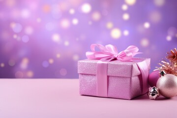 Pink Christmas Gift Box with Festive Decorations on Violet Background. Perfect for Christmas