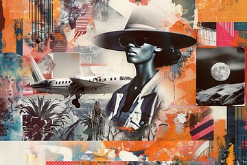 modern travel collage wi a black woman and a plane