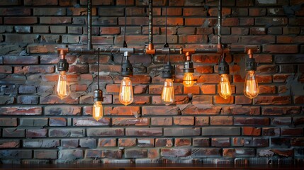 Decorative antique edison style light bulbs against brick wall background. vintage lamp decorative
 - obrazy, fototapety, plakaty