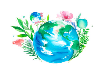 Green planet earth in watercolor style isolated on white. For Earth Day banner template, ecology and environment concept, no text