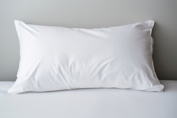 White Pillow Case. Cotton Detail of Empty Pillow with Down on Domestic Bed. Clean and Comfortable