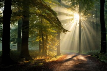 Sunray through Autumn Trees. Beautiful landscape of dense forest with colorful foliage in fall