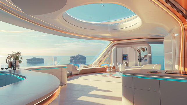 futuristic organic architecture design, luxury and modern kitchen with ocean view, fictional architecture