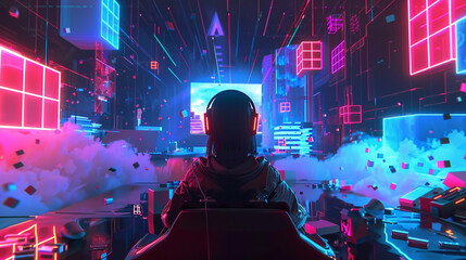 Design a 3D animated backdrop featuring a gamer immersed in a virtual world with a neon lit joystick as the focal point
