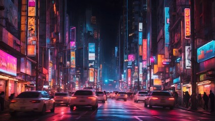 A vibrant, blurred cityscape at night, with neon lights and the movement of traffic creating a dynamic, abstract tapestry of urban life. generative AI