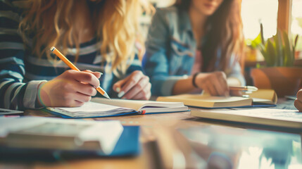 Two young women studying together with books and laptop at a busy wooden table. Back to school, Education, Knowledge and Learning concept.
