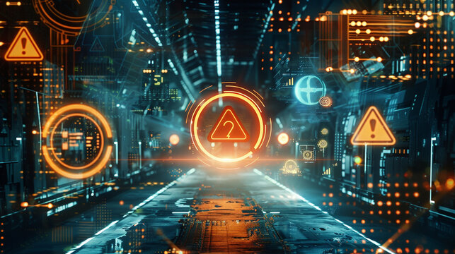 Design a haunting illustration of a mysterious glowing substance surrounded by warning signs of danger set against a futuristic digital backdrop