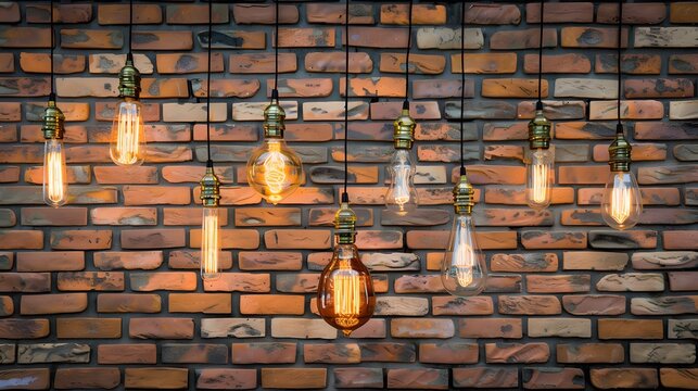 Decorative antique edison style light bulbs against brick wall background. vintage lamp decorative
