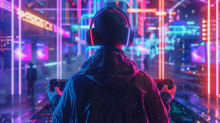 Fototapeta na wymiar Illustrate a stylized scene with a gamer holding a joystick surrounded by glowing neon lights in a cyberpunk inspired environment