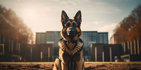 A faithful German Shepherd standing guard outdoors supported by advanced technology. Concept Animal Photography, Technology in Nature, Guard Dogs, Outdoor Security, Faithful Companions - obrazy, fototapety, plakaty
