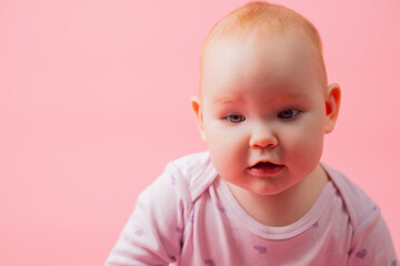 Portrait of a cute baby girl isolated on a pink background.