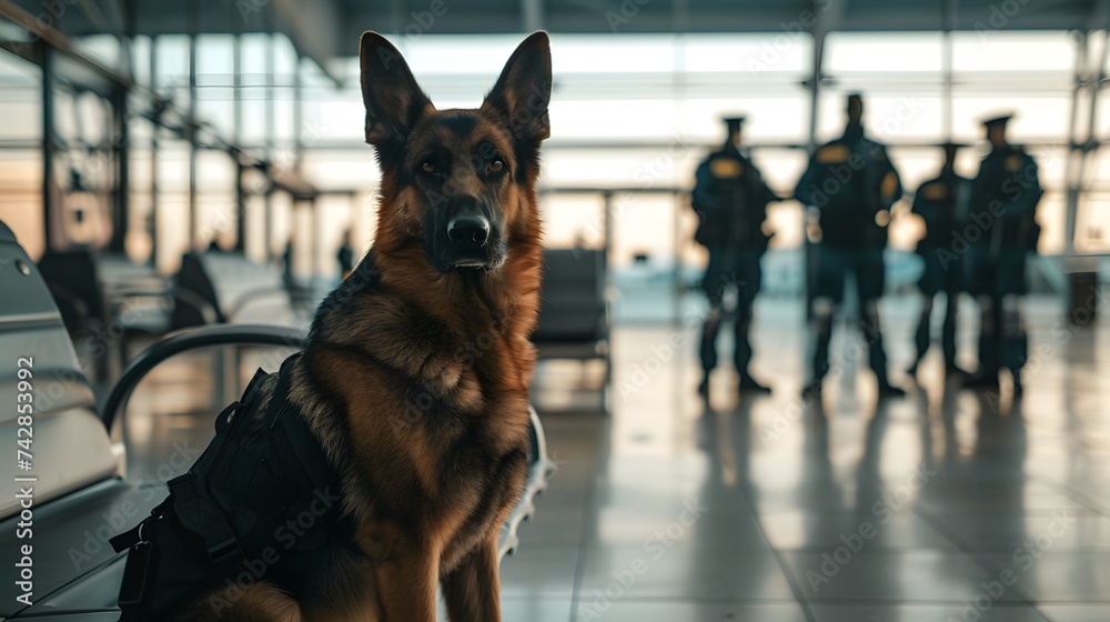 Wall mural Drug detection dog at the airport on the background of cops.
