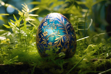 A gleaming Easter egg resting on a bed of fresh grass, waiting to be discovered amidst nature's beauty.