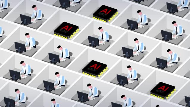 Artificial intelligence replacing simple office work business style same men. Office employees transforming to AI red chip processors. Characters and circuits in cubicles.