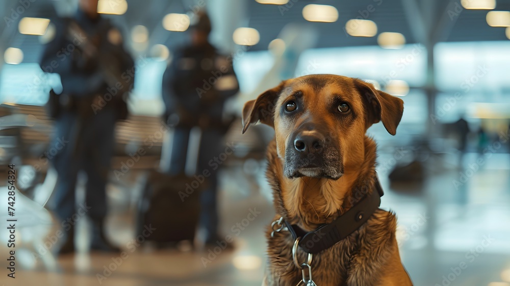 Sticker Drug detection dog at the airport on the background of cops.
