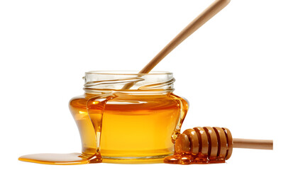 Pure honey fill in glass jar with wooden honey dipper PNG image 