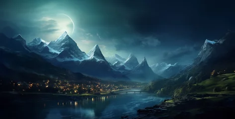 Photo sur Plexiglas Vert bleu Mountain landscape with lake and night starry sky.Fantasy alien planet. Mountain and lake. 3D illustration.